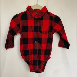 Carter’s Red and Black Buffalo Check Flannel Button Down Onesie Size 6 months